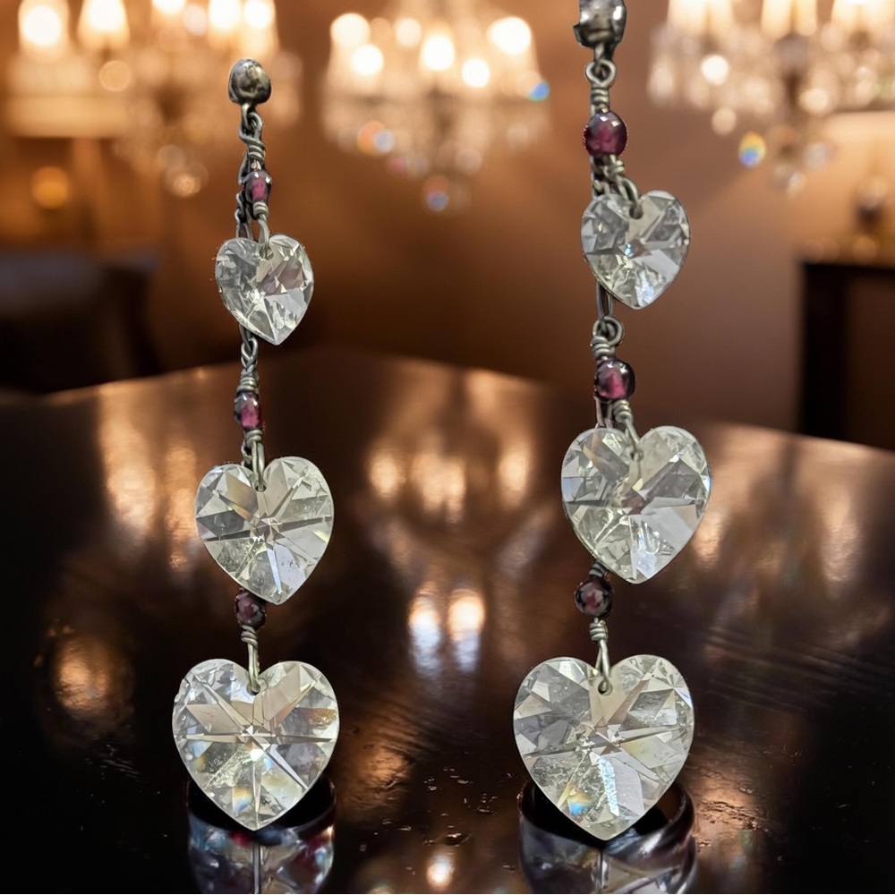 Vintage 1980s Swarovski Crystal 3-Tier Heart Earrings w Garnet